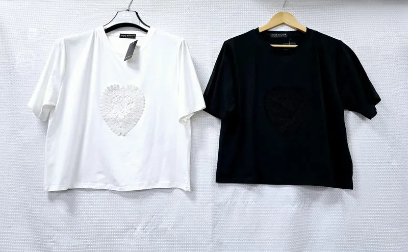 (2P.PACK) Crochet Heart Detail Cotton T-Shirt