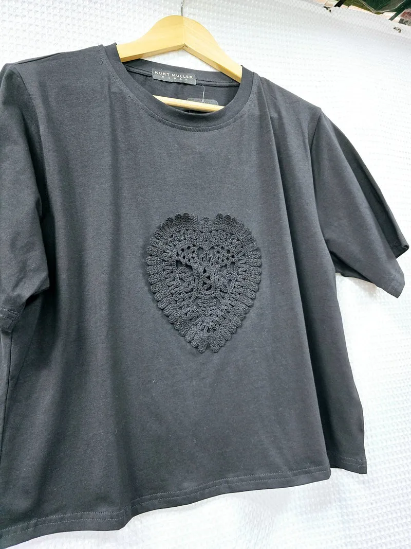 (2P.PACK) Crochet Heart Detail Cotton T-Shirt
