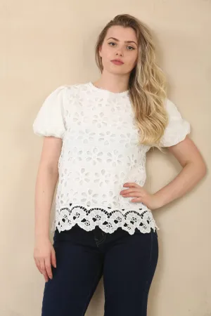 (3P. PACK) Puff Sleeve Cotton Anglaise Top Blouse