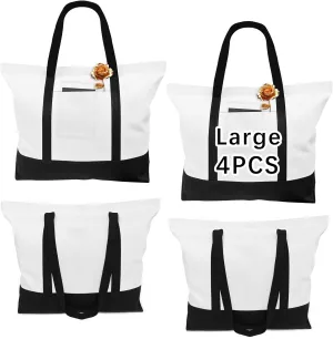 4 PCS Stylish canvas tote bags for women,blank large size tote bag With zipper,tote bag with pockets
