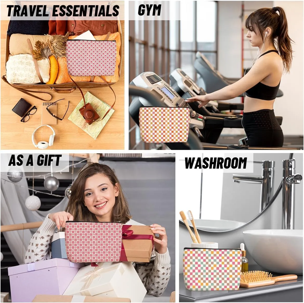 4PCs Rainbow Checkerboard Makeup Bag Plaid Checkered Cosmetic Bag Boss Day Mothers Day Christmas Friendship Gifts for Women Girls Daughter Sister Best Friend Zipper Pouch Travel Toiletry Bag