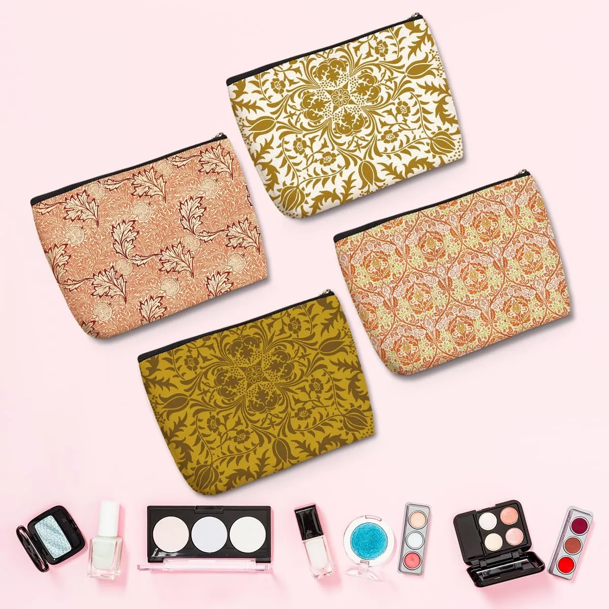 4PCs Vintage Flowers Makeup Bag Botanical Blossom Floral Cosmetic Bag Boss Day Mothers Day Christmas Friendship Gifts for Women Girls Daughter Sister Friends Zipper Pouch Travel Toiletry Bag