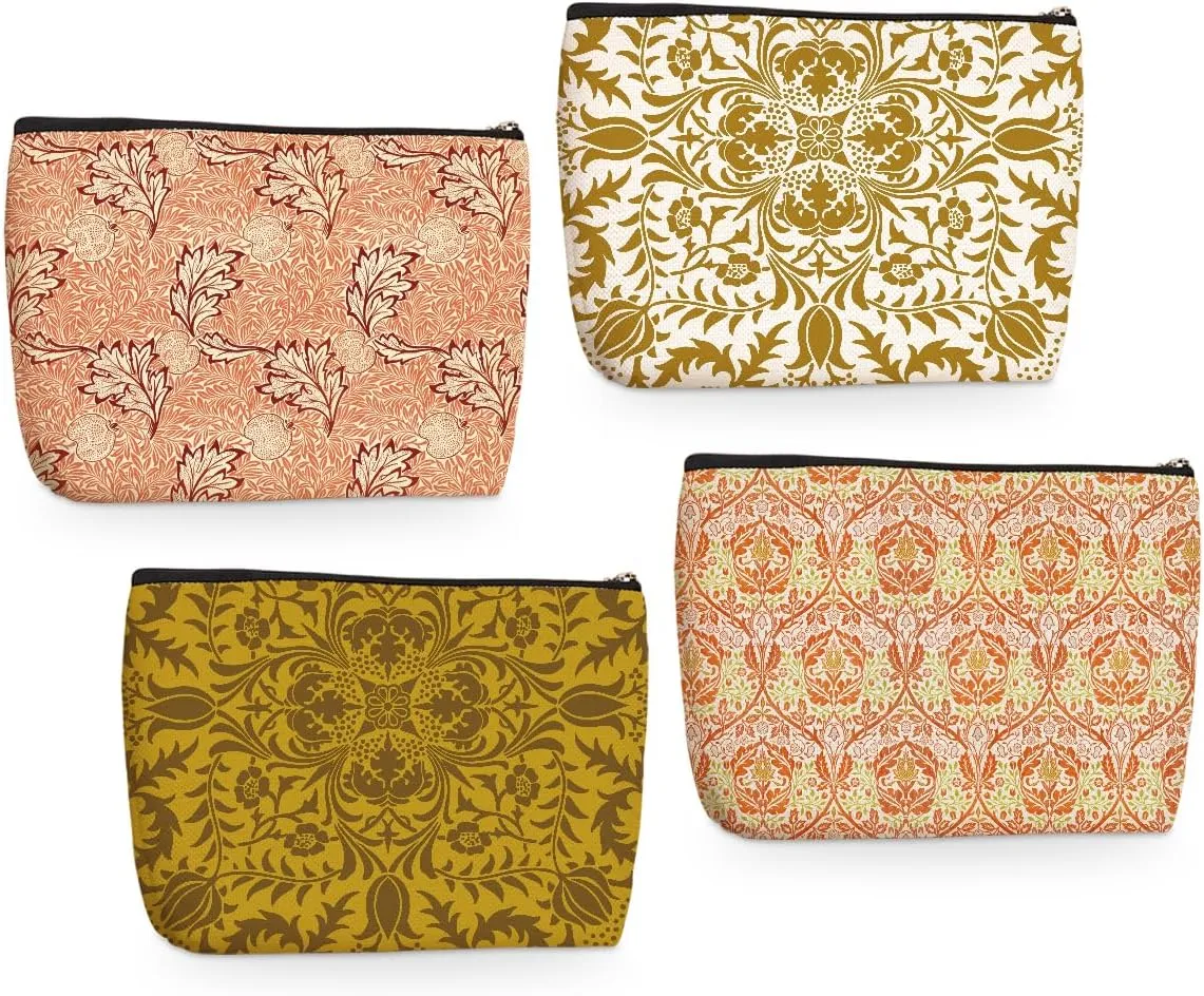 4PCs Vintage Flowers Makeup Bag Botanical Blossom Floral Cosmetic Bag Boss Day Mothers Day Christmas Friendship Gifts for Women Girls Daughter Sister Friends Zipper Pouch Travel Toiletry Bag
