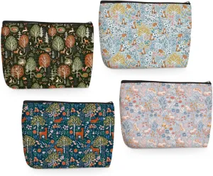 4PCs Vintage Flowers Makeup Bag Forest Deer Fox Rabbit Botanical Cosmetic Bag Boss Day Mothers Day Christmas Friendship Gifts for Women Girls Daughter Sister Friends Zipper Pouch Travel Toiletry Bag
