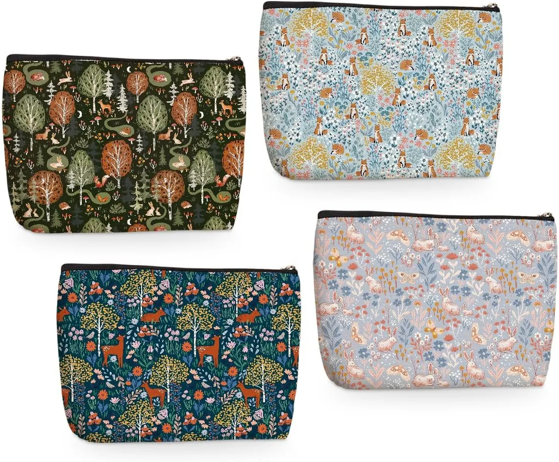 4PCs Vintage Flowers Makeup Bag Forest Deer Fox Rabbit Botanical Cosmetic Bag Boss Day Mothers Day Christmas Friendship Gifts for Women Girls Daughter Sister Friends Zipper Pouch Travel Toiletry Bag
