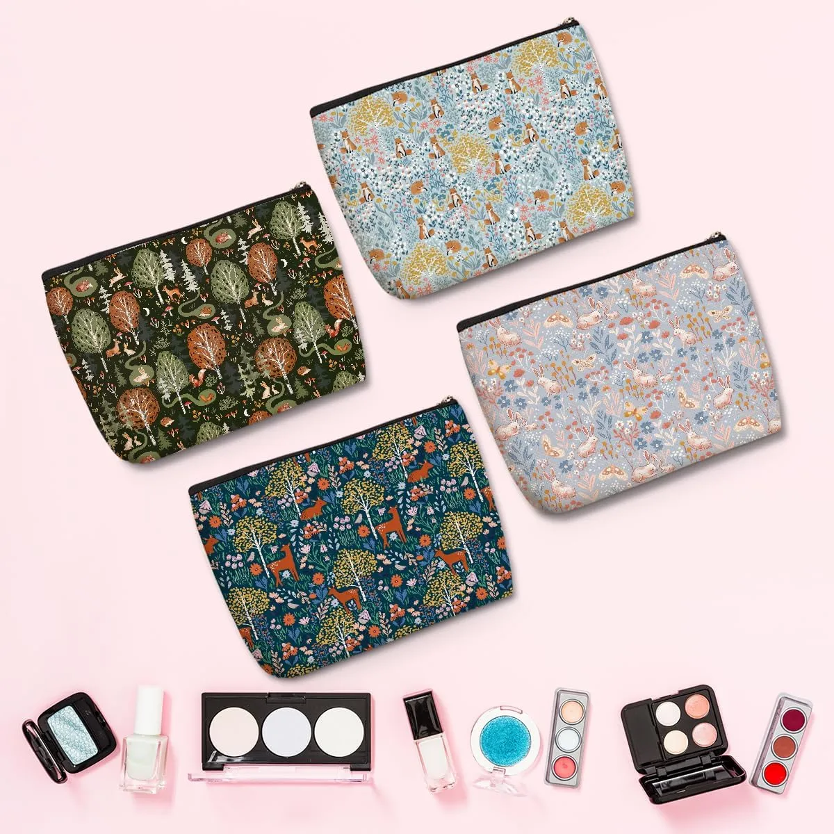 4PCs Vintage Flowers Makeup Bag Forest Deer Fox Rabbit Botanical Cosmetic Bag Boss Day Mothers Day Christmas Friendship Gifts for Women Girls Daughter Sister Friends Zipper Pouch Travel Toiletry Bag