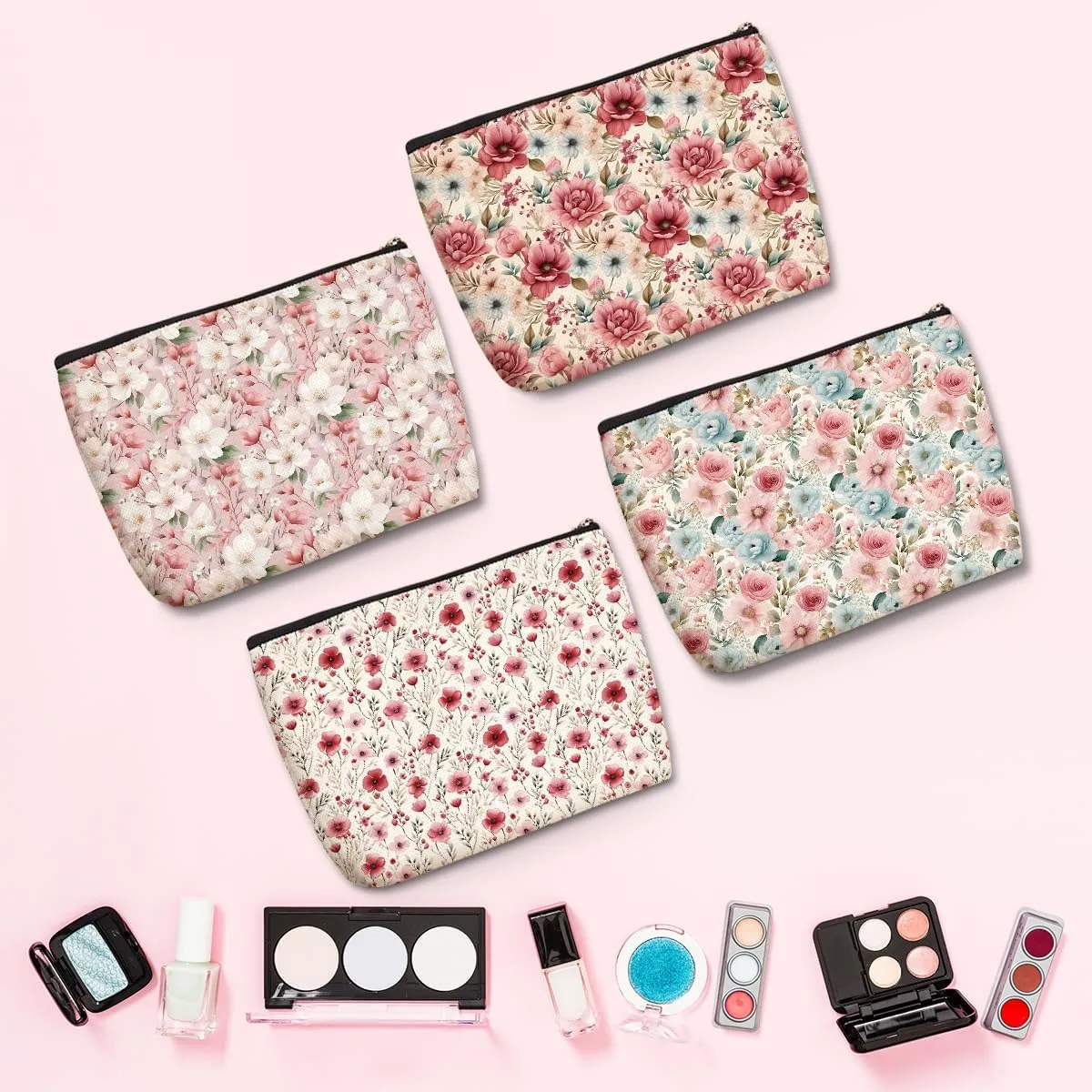 4PCs Watercolor Flowers Makeup Bag Botanical Floral Cosmetic Bag Boss Day Mothers Day Christmas Friendship Gifts for Women Girls Daughter Sister Friends Coworker Zipper Pouch Travel Toiletry Bag