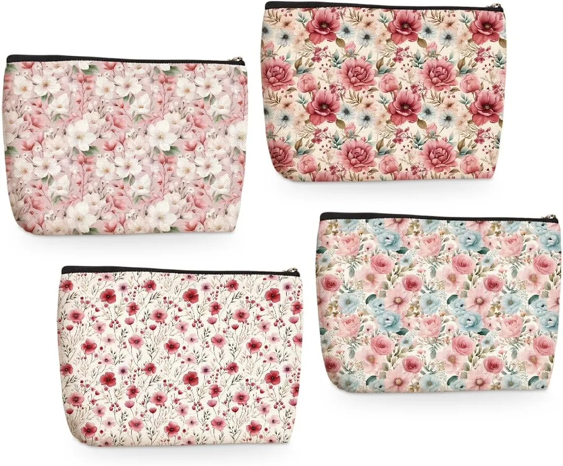4PCs Watercolor Flowers Makeup Bag Botanical Floral Cosmetic Bag Boss Day Mothers Day Christmas Friendship Gifts for Women Girls Daughter Sister Friends Coworker Zipper Pouch Travel Toiletry Bag