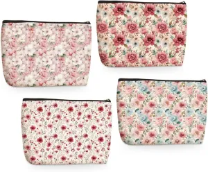 4PCs Watercolor Flowers Makeup Bag Botanical Floral Cosmetic Bag Boss Day Mothers Day Christmas Friendship Gifts for Women Girls Daughter Sister Friends Coworker Zipper Pouch Travel Toiletry Bag