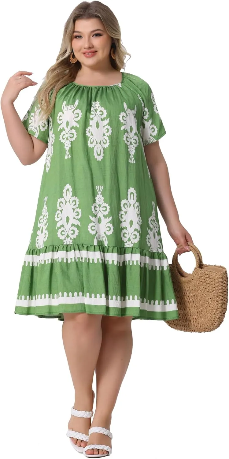 Agnes Orinda Plus Size Summer Boho Dresses for Women Short Sleeve Flared Midi Sun Dress Beach Casual Flowy 2025