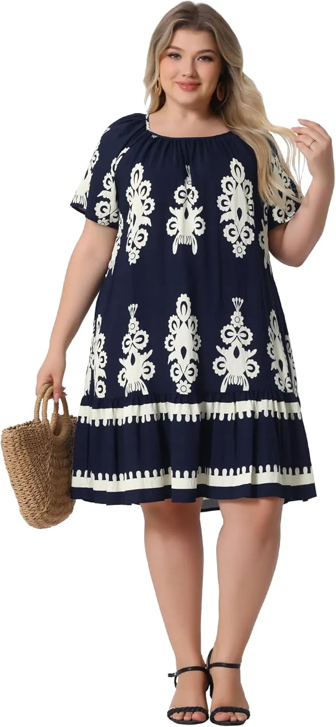 Agnes Orinda Plus Size Summer Boho Dresses for Women Short Sleeve Flared Midi Sun Dress Beach Casual Flowy 2025