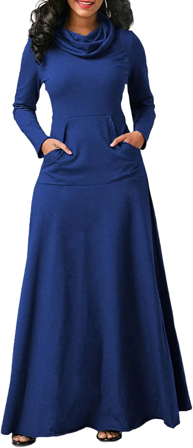 Akivide Women's Long Sleeve Turtleneck Plain Swing Maxi Dress Fall Winter Elegant Plus Size Dresses for Women with Pockets