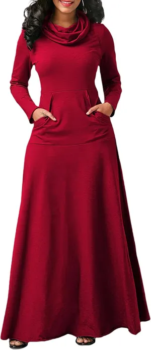 Akivide Women's Long Sleeve Turtleneck Plain Swing Maxi Dress Fall Winter Elegant Plus Size Dresses for Women with Pockets