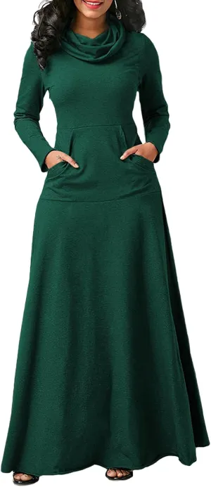 Akivide Women's Long Sleeve Turtleneck Plain Swing Maxi Dress Fall Winter Elegant Plus Size Dresses for Women with Pockets