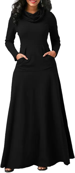 Akivide Women's Long Sleeve Turtleneck Plain Swing Maxi Dress Fall Winter Elegant Plus Size Dresses for Women with Pockets
