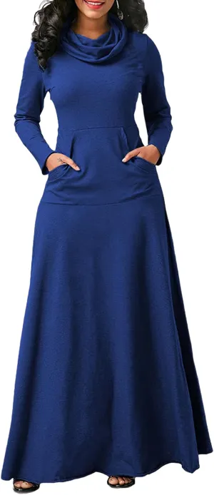 Akivide Women's Long Sleeve Turtleneck Plain Swing Maxi Dress Fall Winter Elegant Plus Size Dresses for Women with Pockets