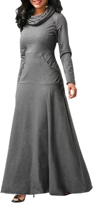 Akivide Women's Long Sleeve Turtleneck Plain Swing Maxi Dress Fall Winter Elegant Plus Size Dresses for Women with Pockets