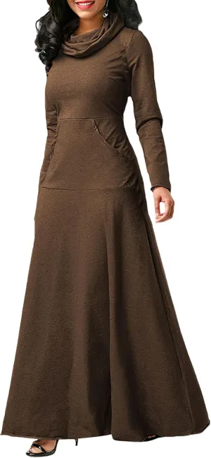Akivide Women's Long Sleeve Turtleneck Plain Swing Maxi Dress Fall Winter Elegant Plus Size Dresses for Women with Pockets