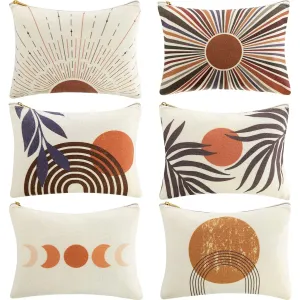 Amylove 6 Pieces Boho Makeup Bag Bulk Small Cosmetic Bag cute Cosmetic Pouch Sunshine Ray Palm Leaf Symbols Abstract Shapes Illustrations Modern Mid Centry Decor Travel Gift for Women