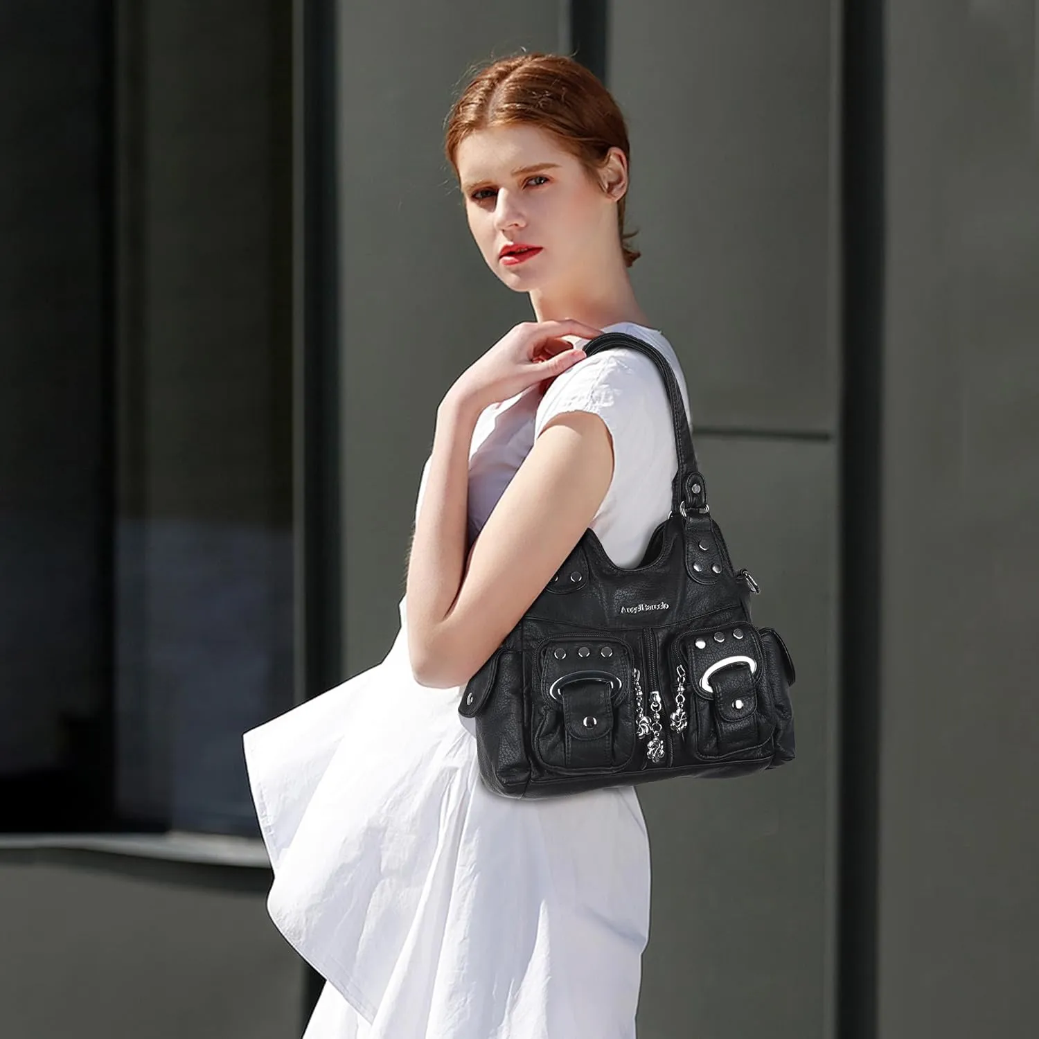 Angel Kiss Purses for Women Small Hobo Crossbody Bags Multi-Pocket Vegan Leather Hobo Handbags Tote Bag with Crossbody Strap