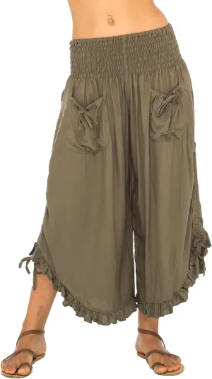 Back From Bali Womens Cropped Wide Leg Pants Trouser Comfort Solid Elastic Waist (S-4XL)