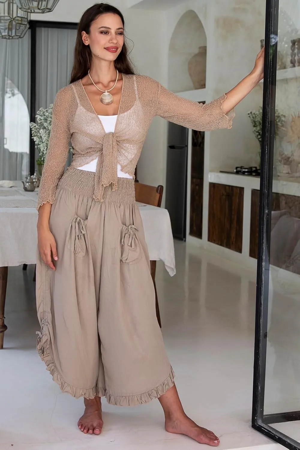 Back From Bali Womens Cropped Wide Leg Pants Trouser Comfort Solid Elastic Waist (S-4XL)