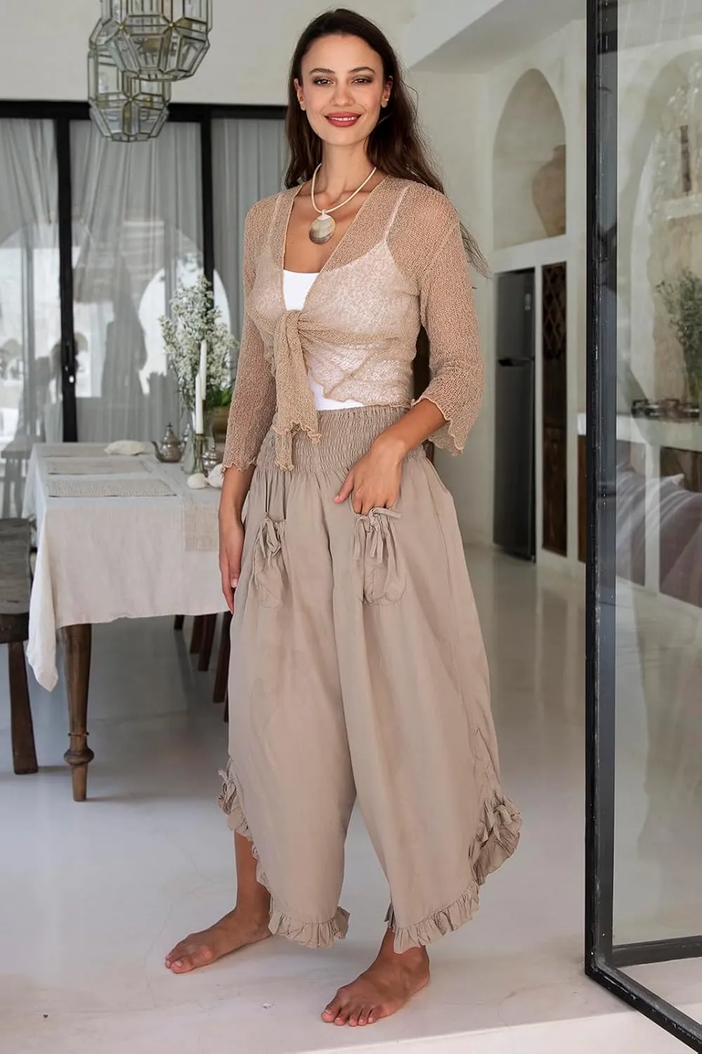 Back From Bali Womens Cropped Wide Leg Pants Trouser Comfort Solid Elastic Waist (S-4XL)