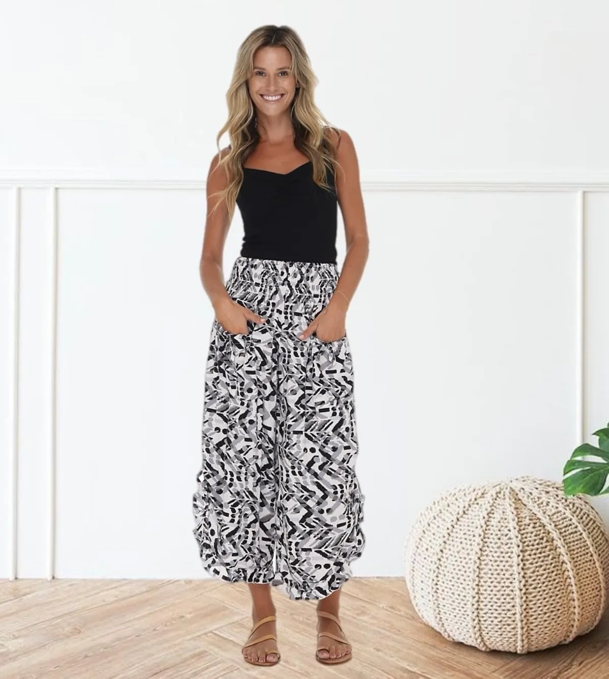 Back From Bali Womens Cropped Wide Leg Pants Trouser Comfort Solid Elastic Waist (S-4XL)