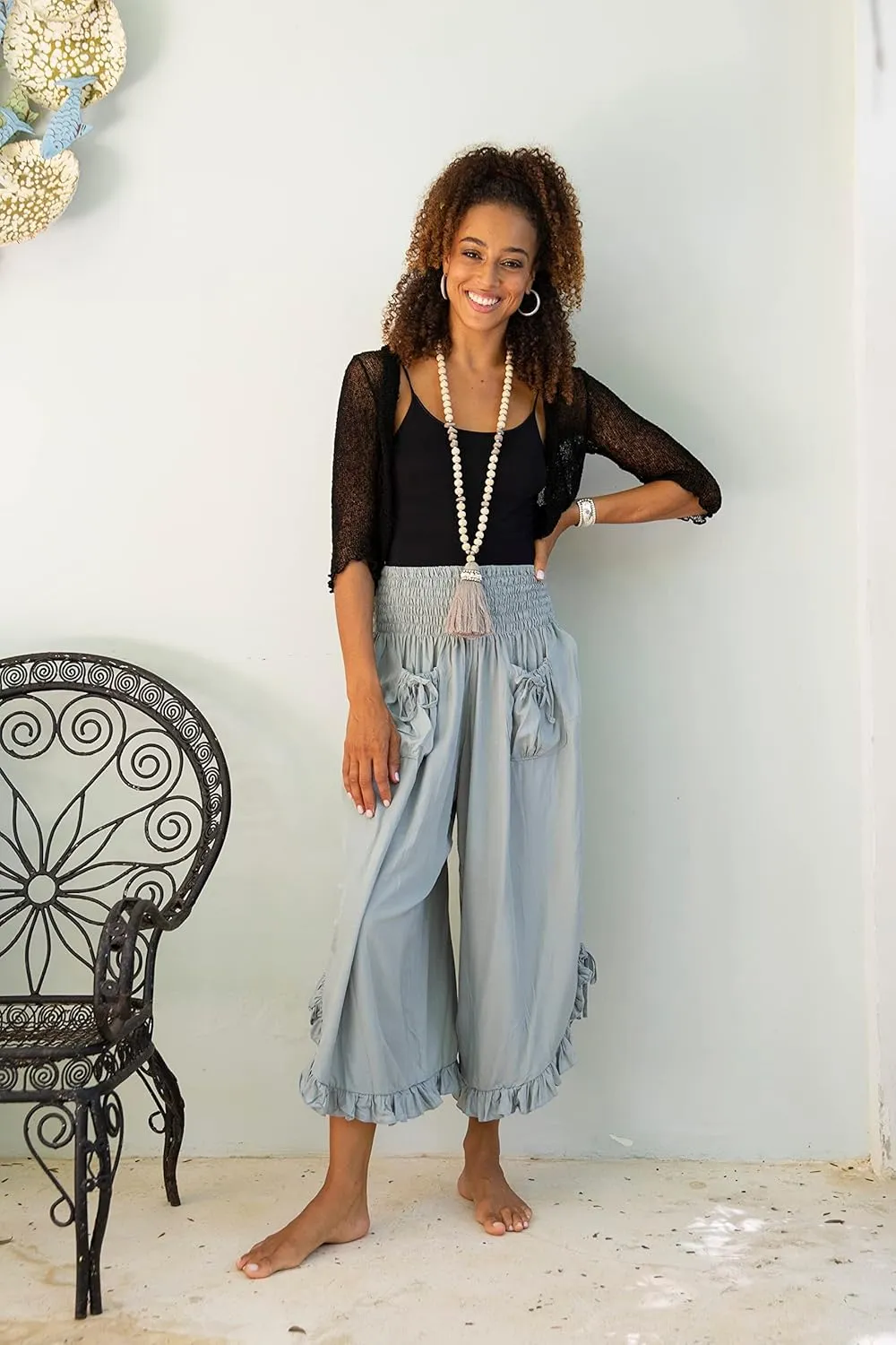Back From Bali Womens Cropped Wide Leg Pants Trouser Comfort Solid Elastic Waist (S-4XL)