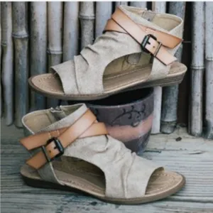 Belt Buckle Cowboy Cloth Roman Low Wedge Heel Open Toe Flat Sandals