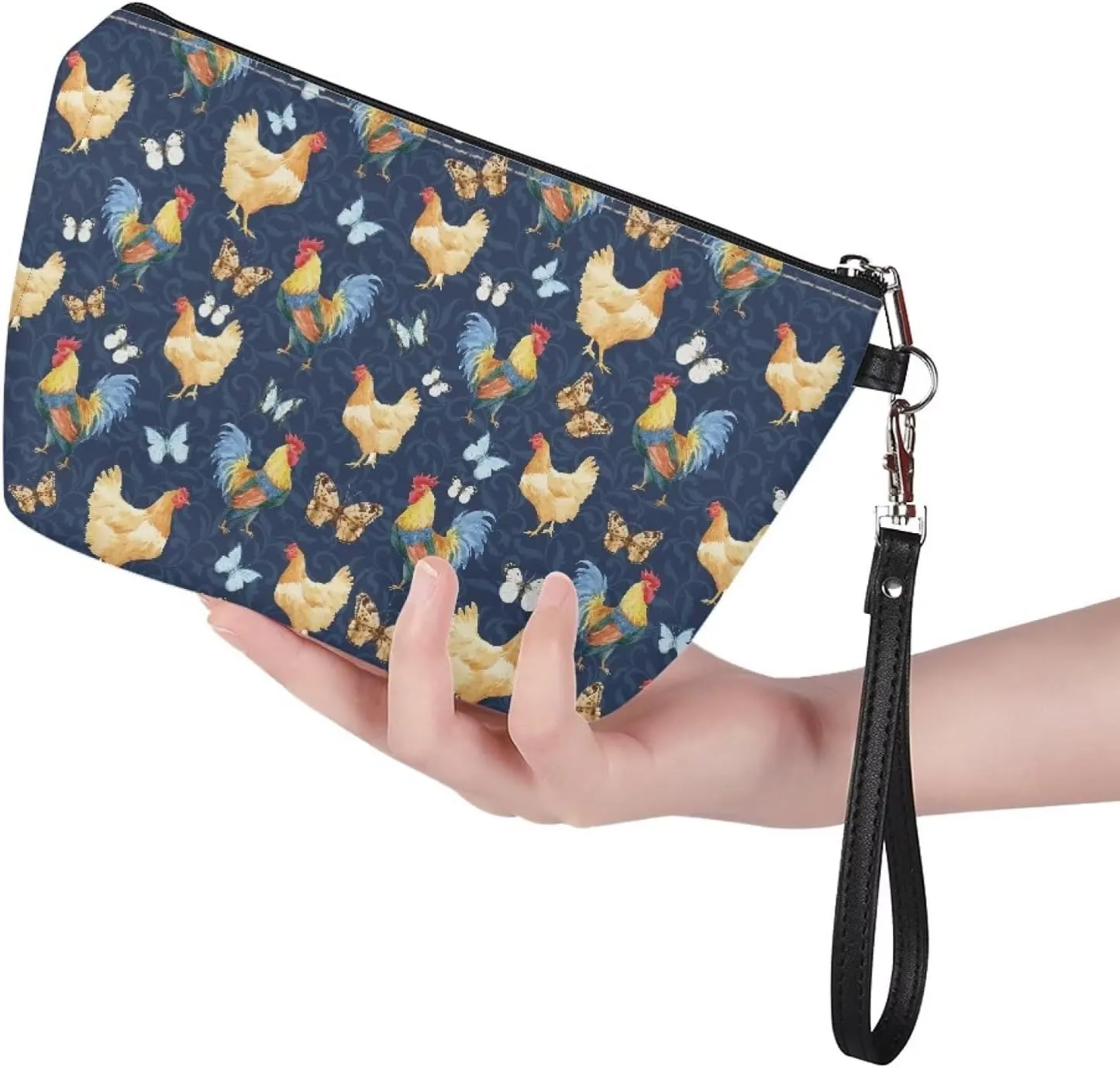 Bigcardesigns Boho Chicken PU Leather Cosmetic Bags with Handle Travel Portable Brush Holder Cosmetic Purse Portable Toiletry Bag Organizer