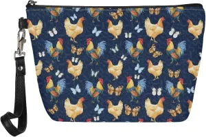Bigcardesigns Boho Chicken PU Leather Cosmetic Bags with Handle Travel Portable Brush Holder Cosmetic Purse Portable Toiletry Bag Organizer