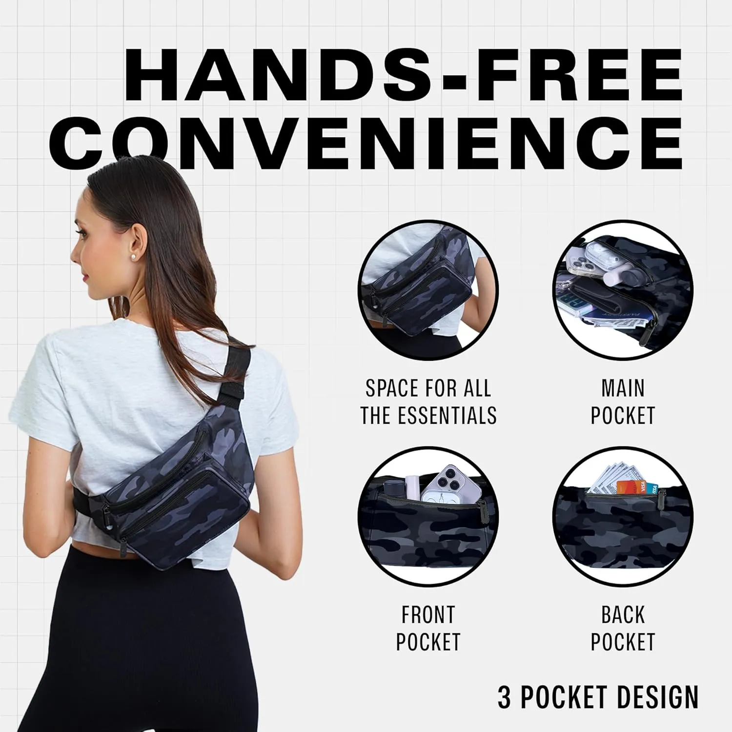 Black Camo Fanny Pack Belt bag - Crossbody Waist Bag for Men or Women - Hands-Free, Waterproof Large Bumbag for Hiking, Running, and Travel