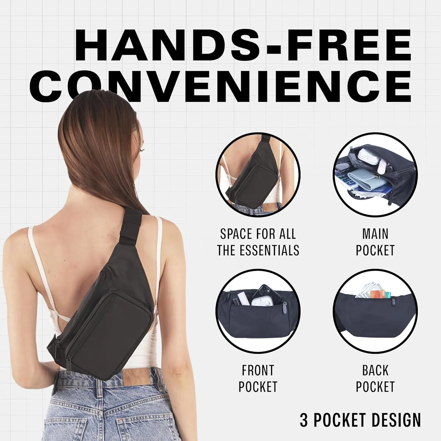 Black Fanny Pack Belt Bag I Mens Fanny Packs for Women Fashionable - Crossbody Bag Bum bag Waist Bag Waist Pack - Hands Free for Hiking, Halloween, Running, Travel, Waterproof and more