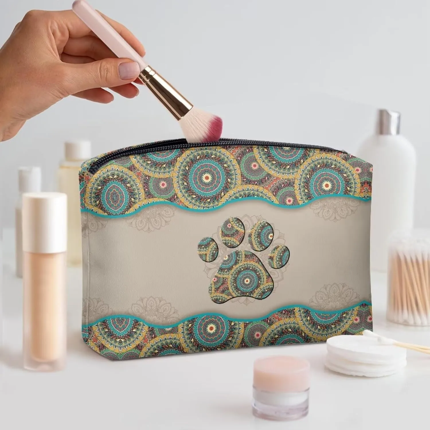 Boho Dog Paw Makeup Bag Pouch Purse Organizer Waterproof Travel Cosmetic Organizer for Women Girls