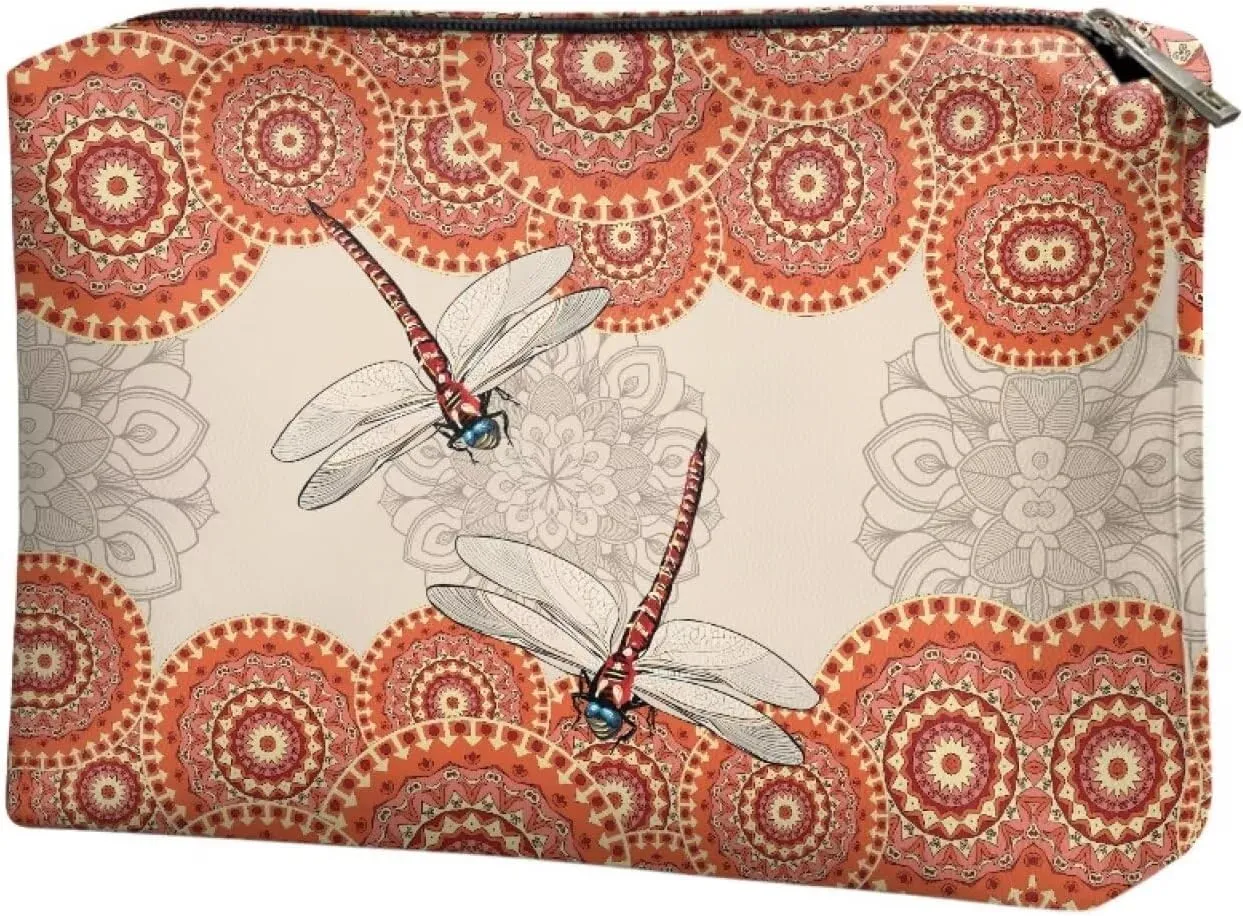 Boho Dragonfly Cosmetic Bag for Women Travel Makeup Bags Water Resistant PU Leather Small Pouch Bag with Zip