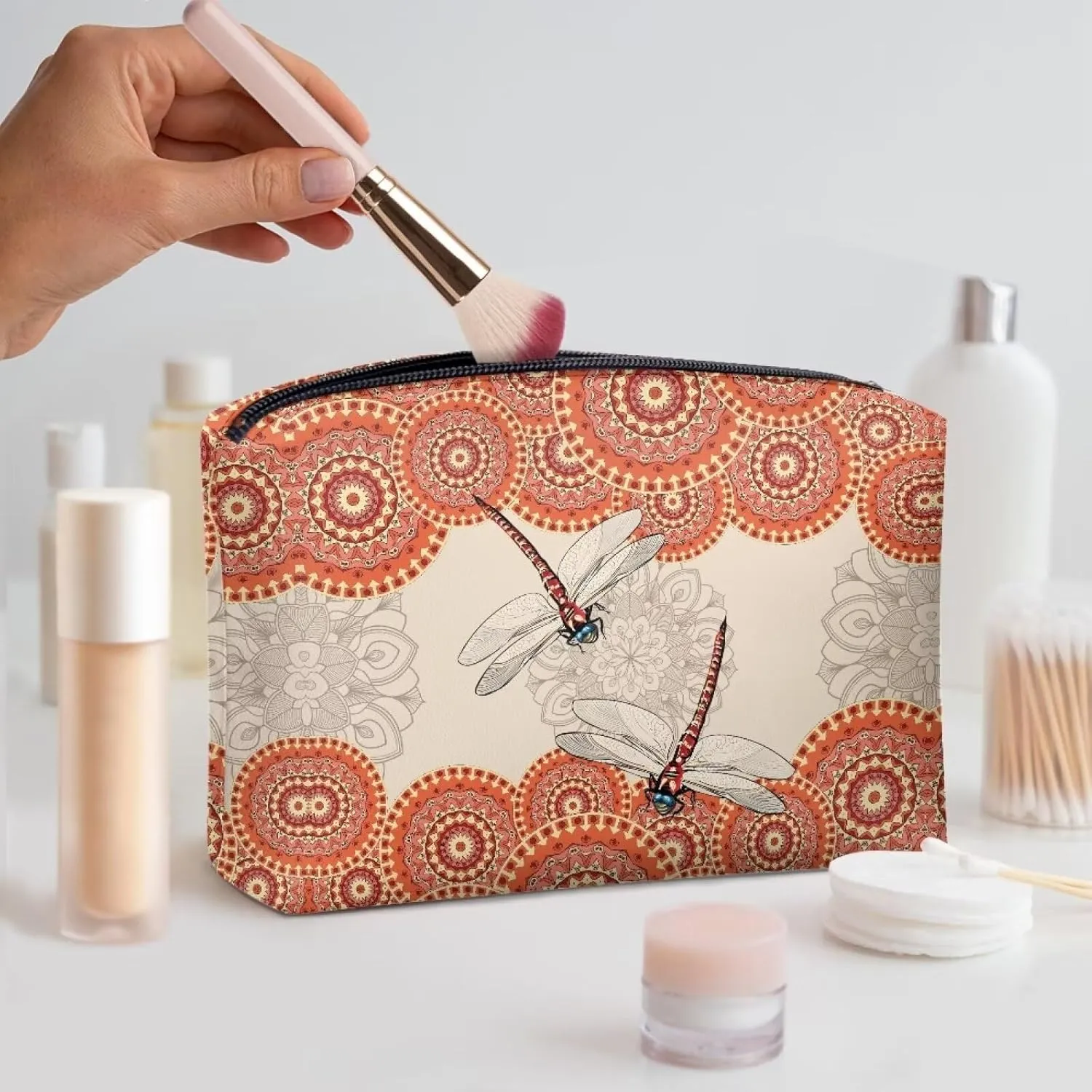 Boho Dragonfly Cosmetic Bag for Women Travel Makeup Bags Water Resistant PU Leather Small Pouch Bag with Zip