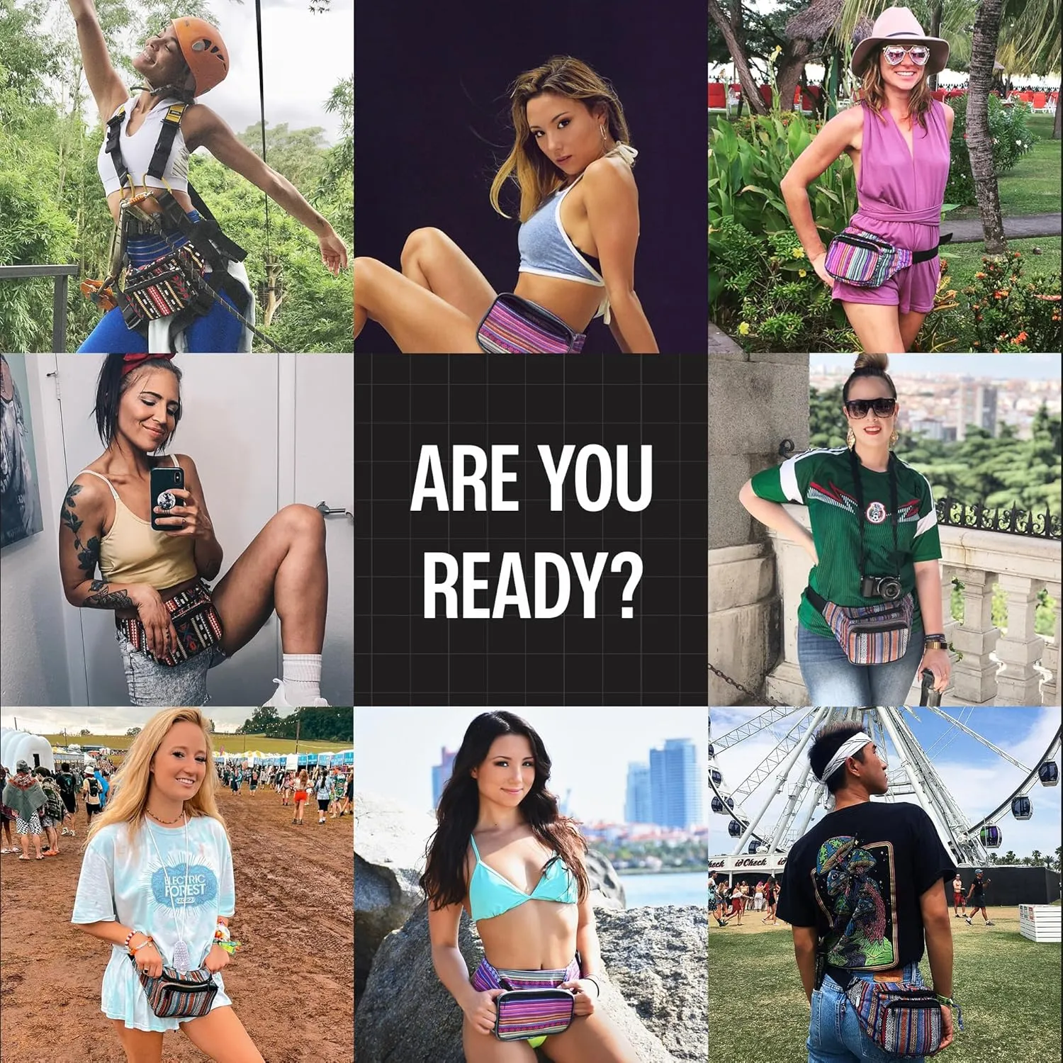 Boho Fanny Pack Belt bag - Crossbody Waist Bag for Men or Women - Hands-Free, Waterproof Large Bumbag for Hiking, Running, and Travel (Blue Vert)