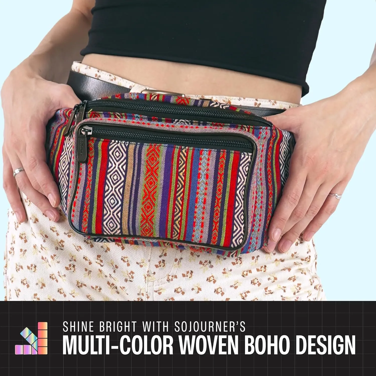 Boho Fanny Pack Belt bag - Crossbody Waist Bag for Men or Women - Hands-Free, Waterproof Large Bumbag for Hiking, Running, and Travel (Blue Vert)