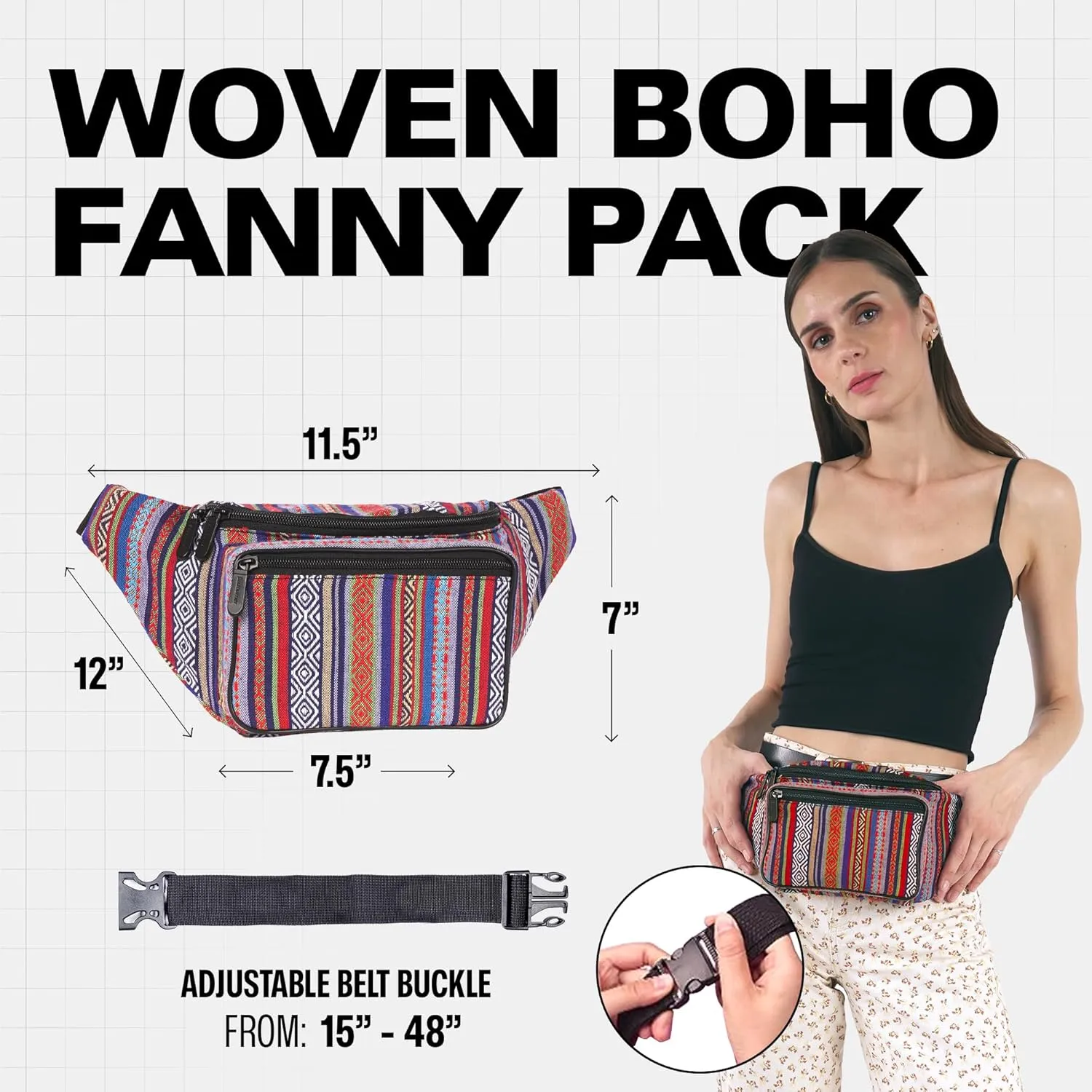 Boho Fanny Pack Belt bag - Crossbody Waist Bag for Men or Women - Hands-Free, Waterproof Large Bumbag for Hiking, Running, and Travel (Blue Vert)