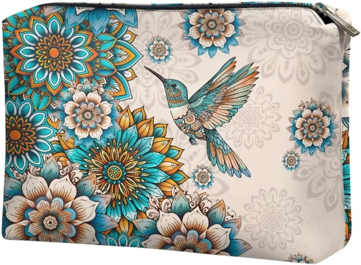 Boho Hummingbird Makeup Bag Cosmetic Bag for Women Girls,Portable Makeup Bags Travel Toiletry Bag Organizer