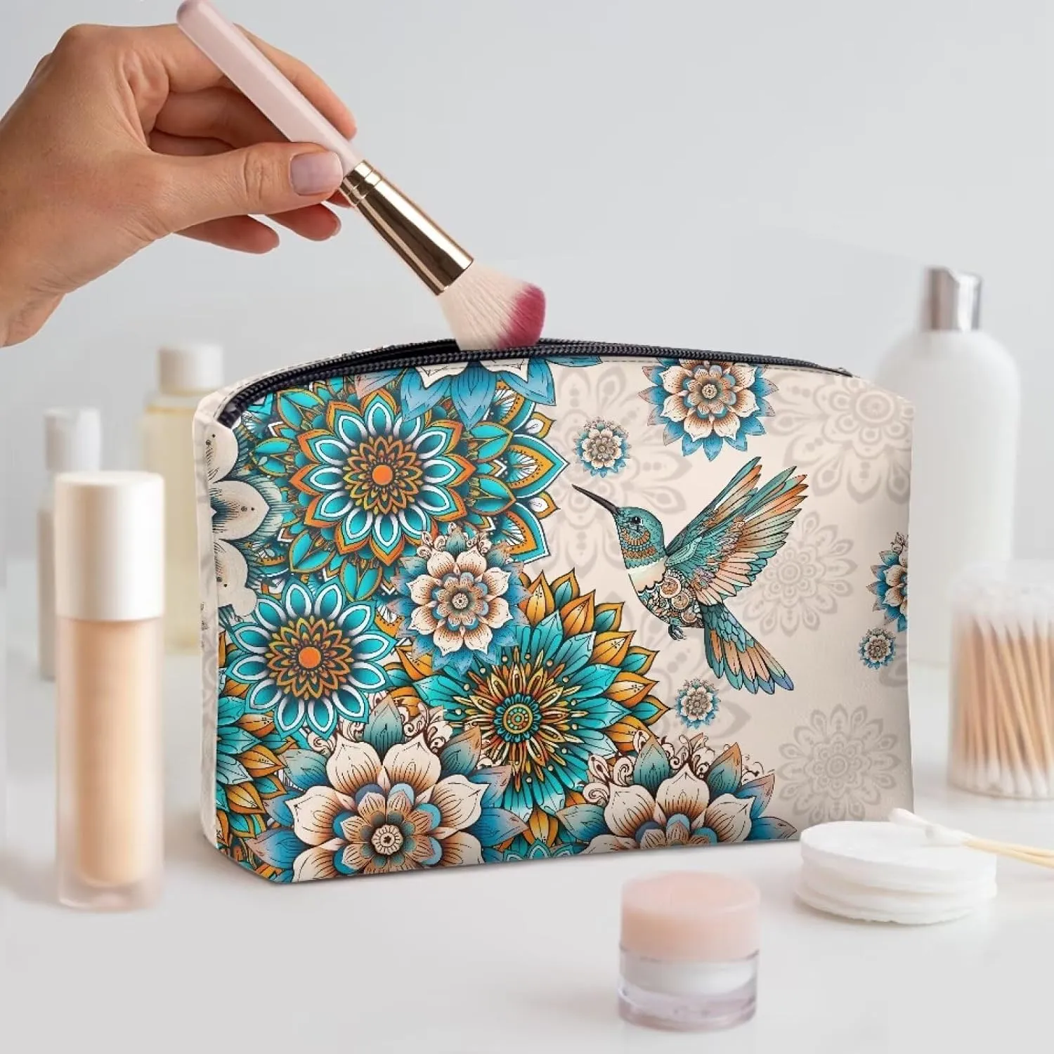 Boho Hummingbird Makeup Bag Cosmetic Bag for Women Girls,Portable Makeup Bags Travel Toiletry Bag Organizer