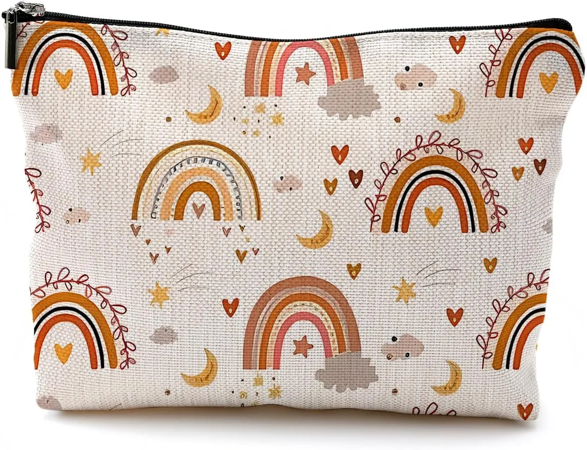 Boho Makeup Bag, Cute Boho Rainbow Moon Stars Pattern Cosmetic Bags for Women, Aesthetic Makeup Bag, Boho Gifts for Women