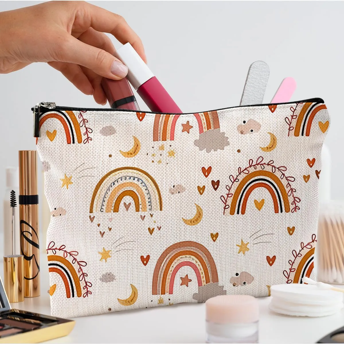 Boho Makeup Bag, Cute Boho Rainbow Moon Stars Pattern Cosmetic Bags for Women, Aesthetic Makeup Bag, Boho Gifts for Women