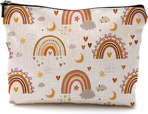 Boho Makeup Bag, Cute Boho Rainbow Moon Stars Pattern Cosmetic Bags for Women, Aesthetic Makeup Bag, Boho Gifts for Women