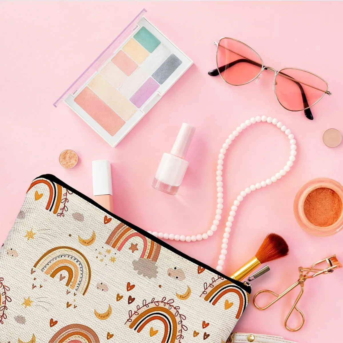 Boho Makeup Bag, Cute Boho Rainbow Moon Stars Pattern Cosmetic Bags for Women, Aesthetic Makeup Bag, Boho Gifts for Women