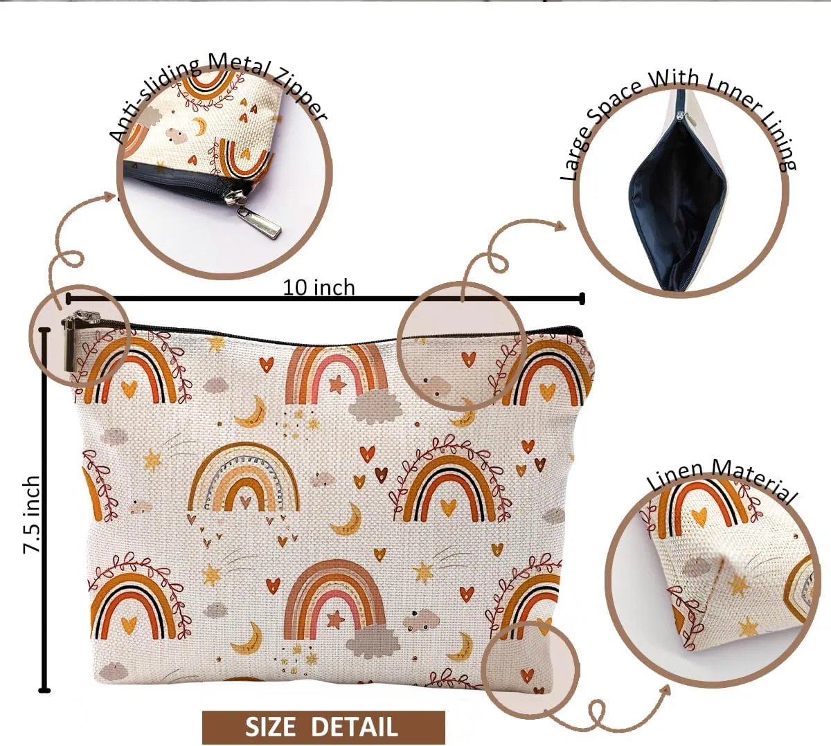 Boho Makeup Bag, Cute Boho Rainbow Moon Stars Pattern Cosmetic Bags for Women, Aesthetic Makeup Bag, Boho Gifts for Women