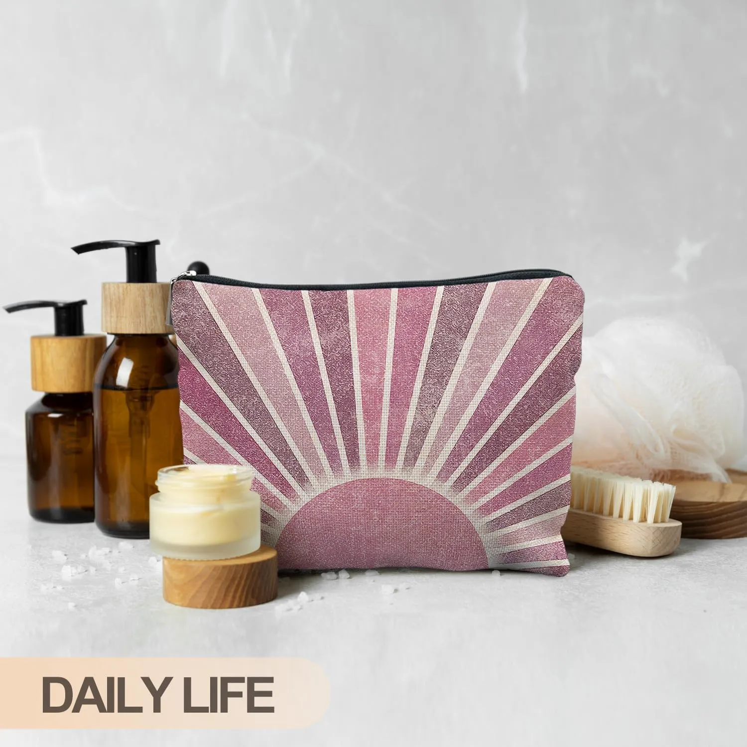 Boho Makeup Bag, Pink Abstract Sun Sunshine Makeup Cosmetic Bags for Women, Boho Gifts, Zipper Pouch