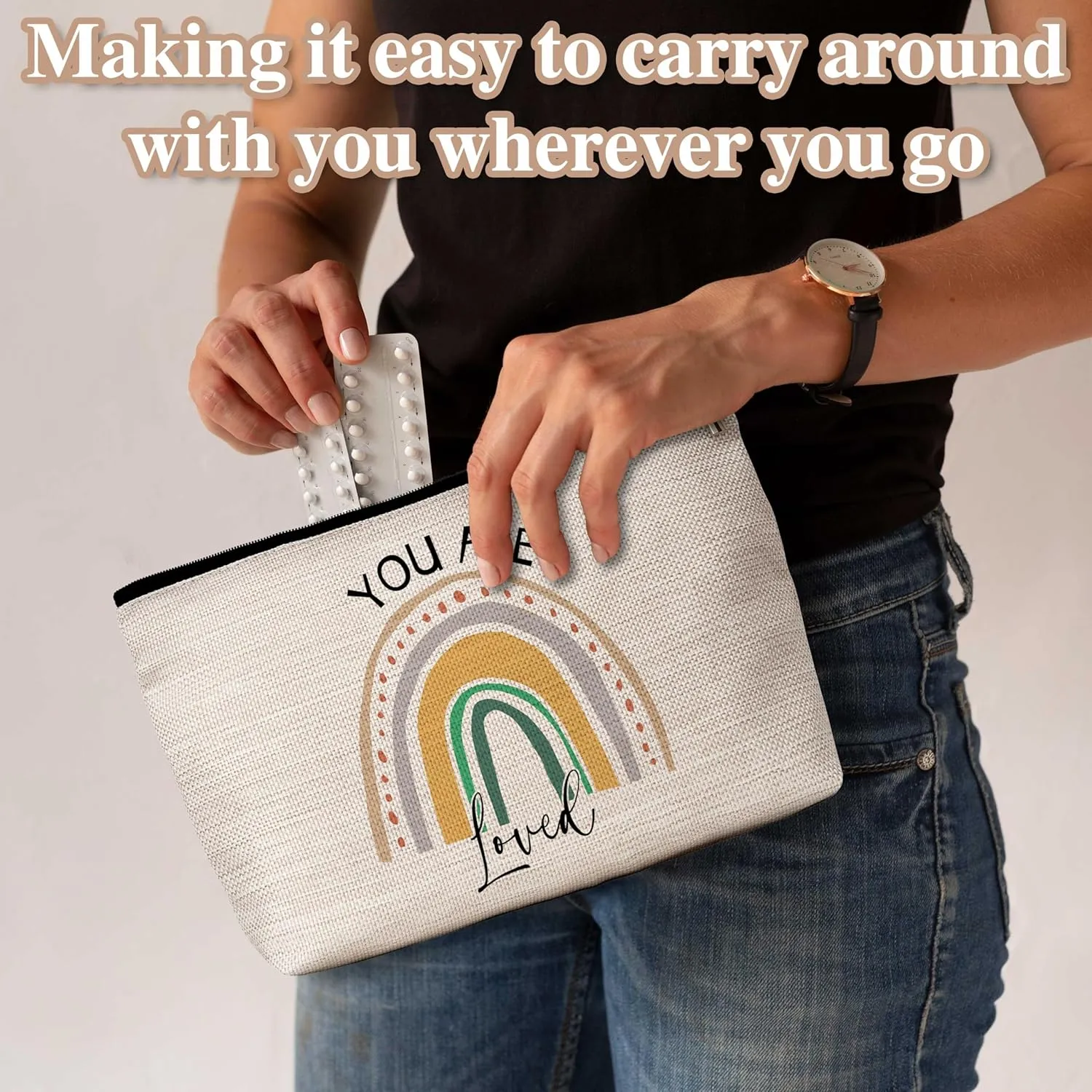 Boho Rainbow Makeup Bag, Inspirational Gifts for Women Girl Mom Sister Friends Coworkers, You Are Loved Travel Toiletry Waterproof Cosmetic Bag - A07