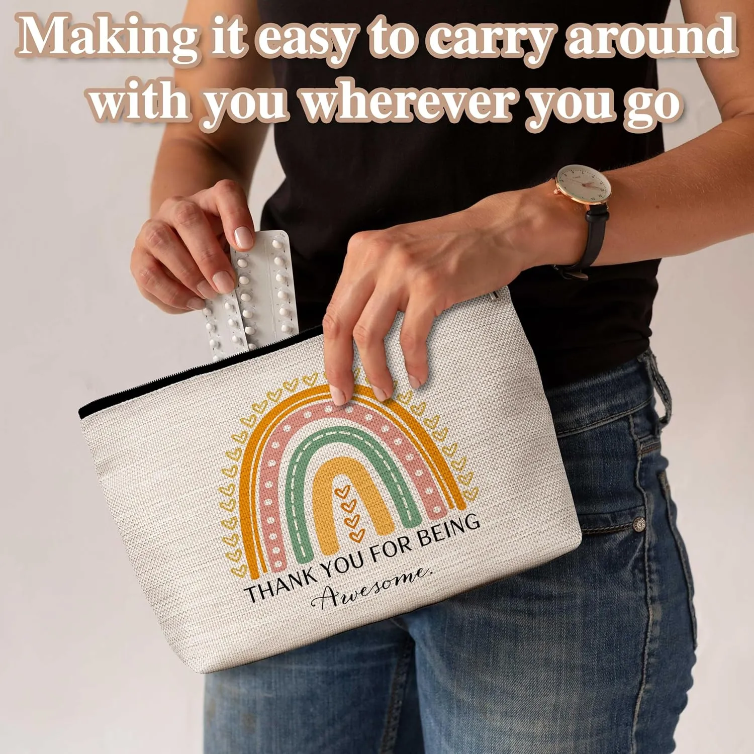 Boho Rainbow Makeup Bag, Thank You Gifts for Women Girl Mom Sister Friends Coworkers, Appreciation Gifts Travel Toiletry Waterproof Cosmetic Bag - A04